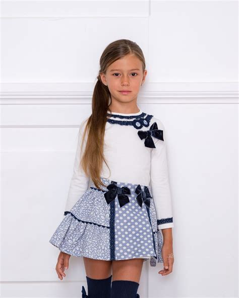conjunto camiseta decorada and falda brocado floral azul vestidos cortos para niñas moda para