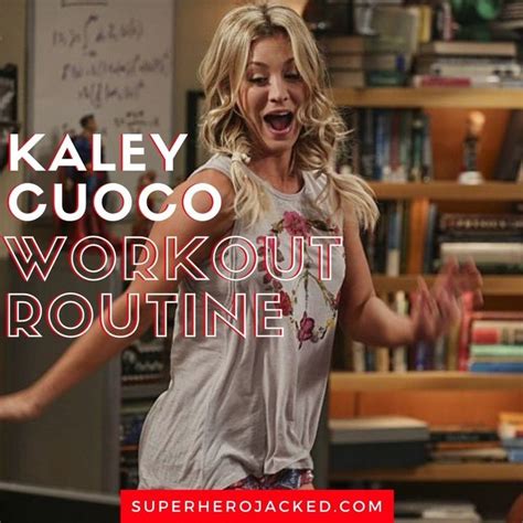 A Woman With Her Arms Out In Front Of Bookshelves And The Words Kaley Cuoco Workout Routine