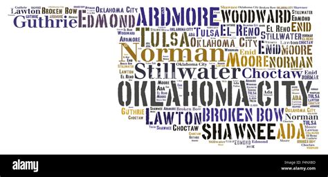 Word Cloud In The Shape Of Oklahoma Showing Some Of The Cities In The