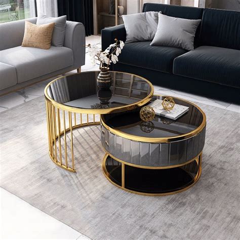 Modern Round Gold Grey Nesting Coffee Table With Shelf Tempered Glass Top Piece Set