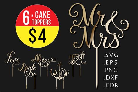 6 Wedding Cake Toppers SVG Templates Mr And Mrs Party Sign 445861