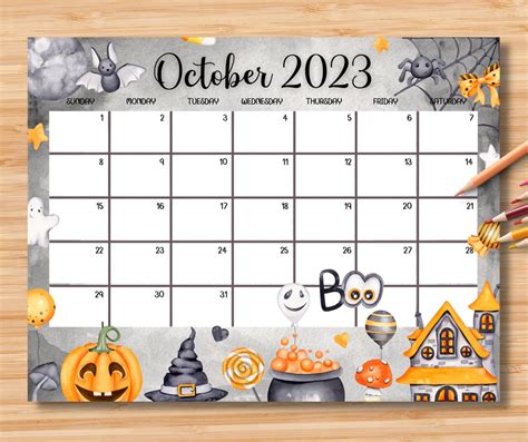 Editable October 2023 Calendar Cute Spooky Halloween 2023 Etsy Uk