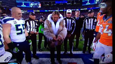 It's so long and elaborate that it has its own halftime. Joe Namath, Ref Screw Up Coin Toss at Super Bowl XLVIII - YouTube
