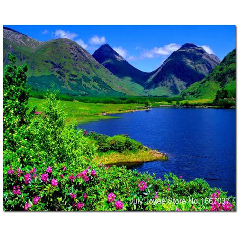 Diy Diamond Picture Of Scenery Blue Lake Beautiful Flowers