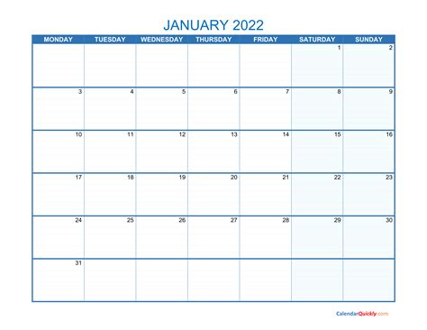 January Monday 2022 Blank Calendar Calendar Quickly