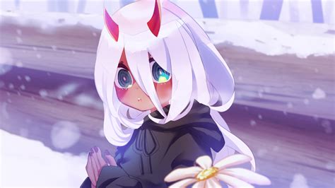 Darling In The Franxx Zero Two Hiro Small Girl Zero Two With Background Of Snow Falling Hd Anime