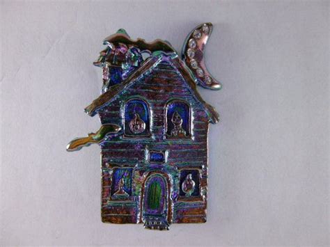 Vintage Halloween Spooky Haunted House Pin Sparkly Moon Flying Bats