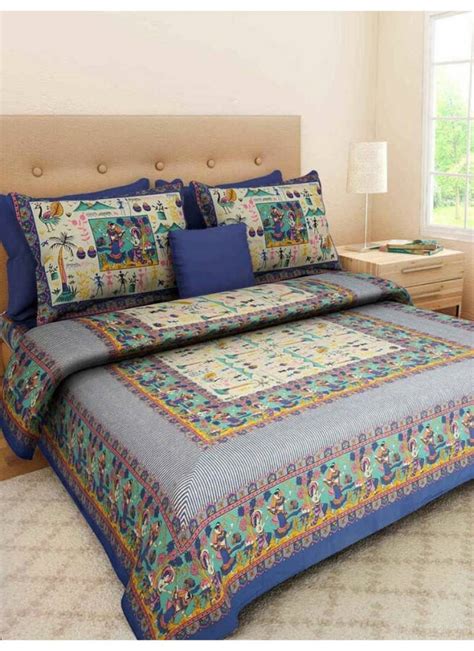 Indian Jaipuri Printed Queen Size Cotton Bedding Bedsheet With 2 Pillow ...