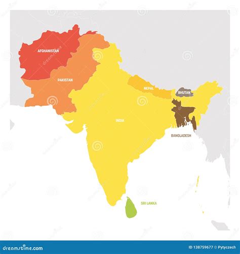 South Asia Region Colorful Map Of Countries In Southern Asia Stock