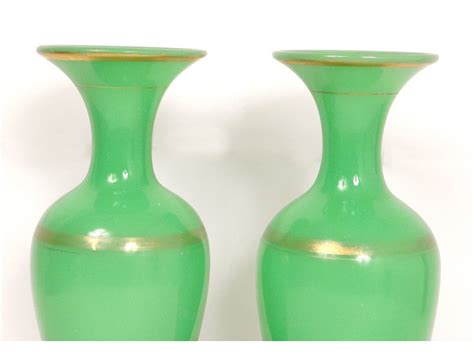 Baluster Vases Pair Opaline Green Gilding Baccarat Napoleon Iii Nineteenth
