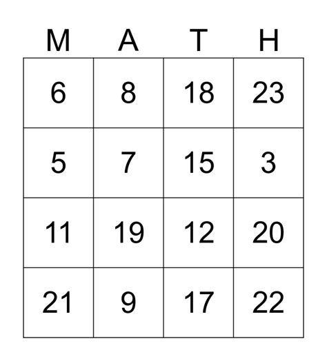 mathematics bingo bingo card