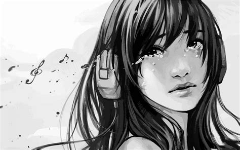 Download Anime Girl Sad Alone Black And White Headphones Wallpaper