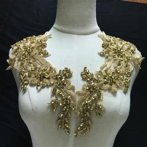All Gold Rhinestone Bead Applique With Florals Motif Etsy Bridal Applique Beaded Applique