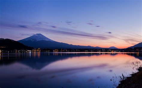 Download Wallpapers Lake Kawaguchi Mount Fuji 4k Sunset Mountains