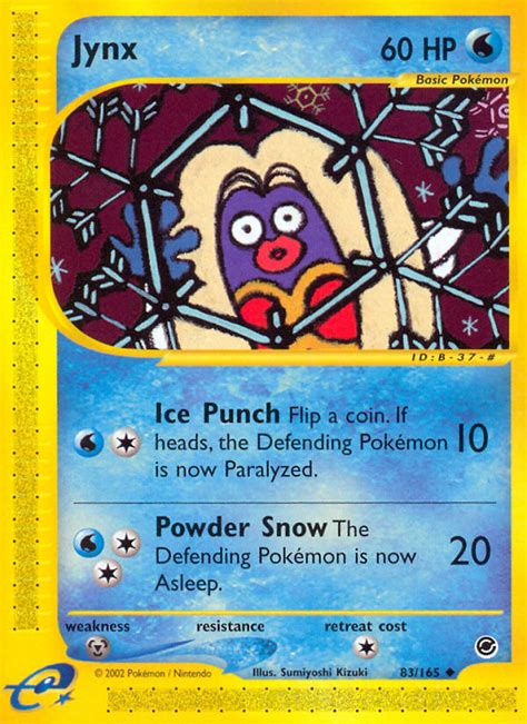 Jynx has been featured on 20 different cards since it debuted in the base set of the pokémon trading card game. Jynx 83/165 - Expedition Base Set - e-Card - Pokemon Trading Card Game - PokeMasters