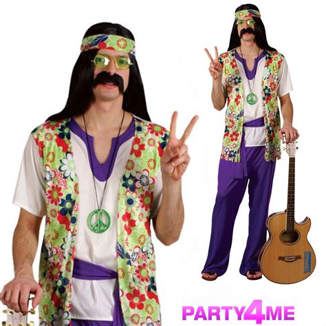 Mens Groovy Hippy Outfit 60s 70s Fancy Dress Hippie Adult Costume