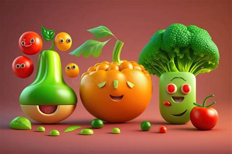 Cartoon Happy Foods Vegetables And Fruits Selection Characters Stock