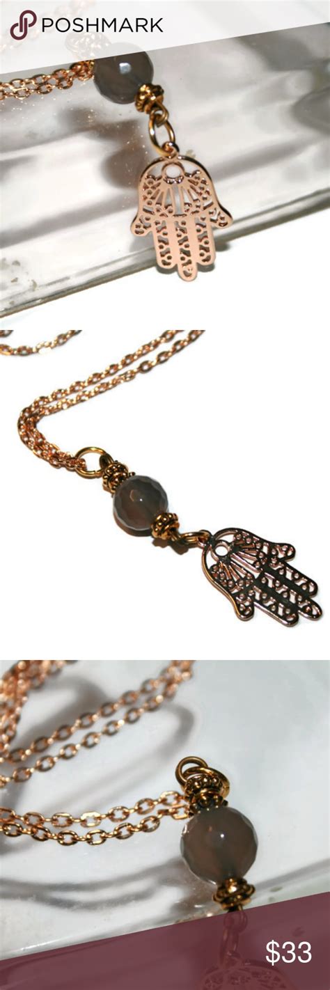 Sterling silver, 24k gold, rose gold. 24k Gold Plated Hamsa Necklace w/ Gray Agate Stone | Hamsa ...