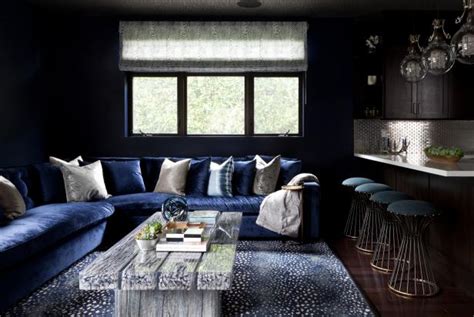 Dark Contemporary Living Room With Navy Blue Sofa Hgtv