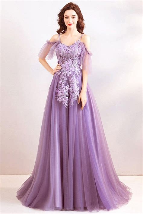 Classy Dusty Purple Long Tulle Prom Dress With Flowers Straps Wholesale