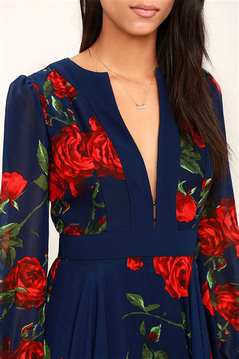 Stunning Floral Print Dress Red And Navy Blue Maxi Dress Long