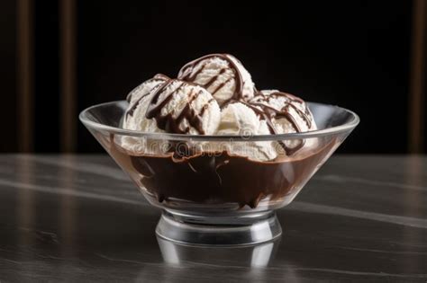 Ice Cream In A Glass Bowl With Chocolate And Marshmallows On A Dark