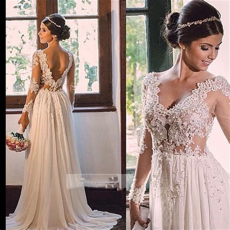 2017 Lace Wedding Dresses Long Sleeve Beaded Appliques Sheer Illusion