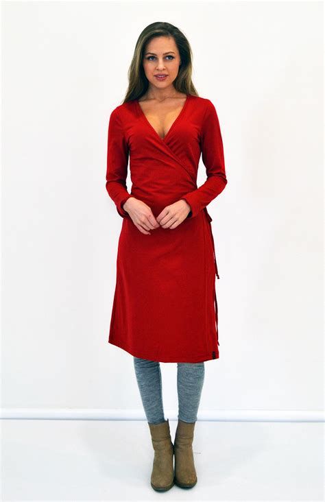 Wrap Dress Womens Flame Red Merino Wool Long Sleeved Wrap Dress With