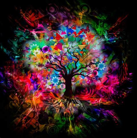 Multicolored Tree With Butterflies Stock Illustration Painting
