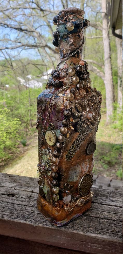 Mixed Media Altered Art Glass Bottle Layered With