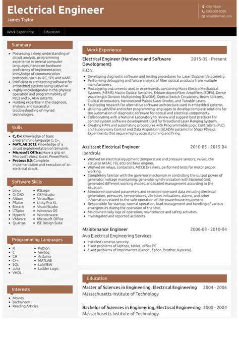 Word resume samples gives great examples of how such a resume should be designed for best effect. Electrical Engineer - Resume Samples and Templates | VisualCV