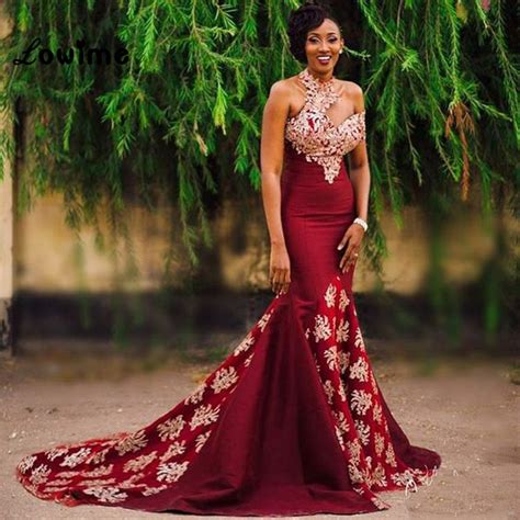 Sexy Long Burgundy African Wine Red Gold Lace Mermaid Prom