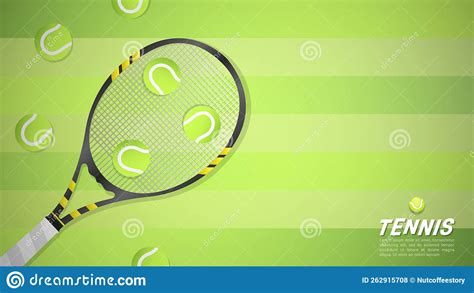Tennis Ball On Tennis Racket In The Green Tennis Court Illustrations