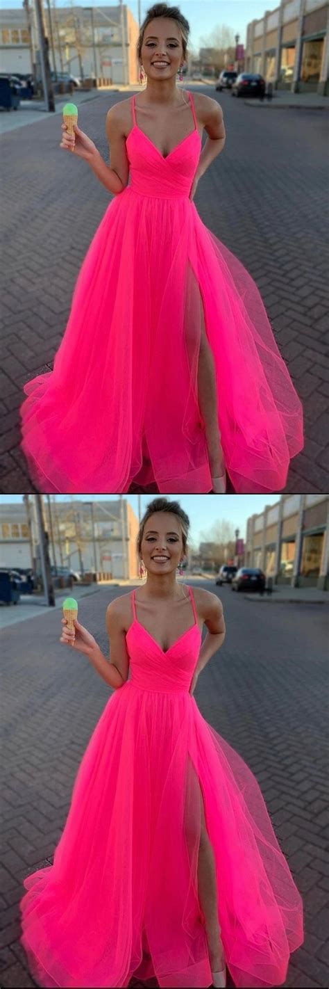 Simple A Line V Neck Hot Pink Tulle Prom Dress Princess Hot Pink Tulle