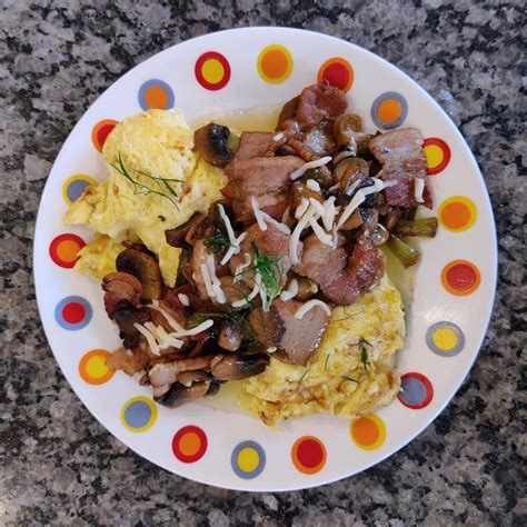 Homemade Cheesy Scrambled Eggs With Bacon And Mushrooms Food