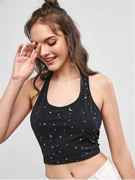 35 Off 2021 Zaful Halter Starry Knotted Back Crop Top In Black Zaful