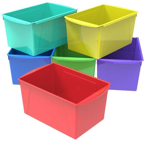 Storex Wide Plastic Book Bin Kids Paper Storage Assorted Colors 6