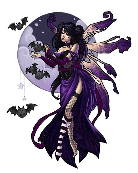 Gothic Violet Color Fairy With Flying Bats And Full Moon Tattoo Design