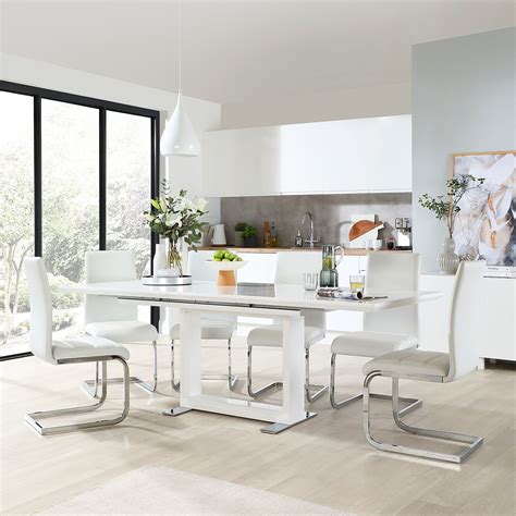 Not available for pickup and same day delivery. Tokyo White High Gloss Extending Dining Table with 4 Perth White Leather Chairs | Furniture Choice