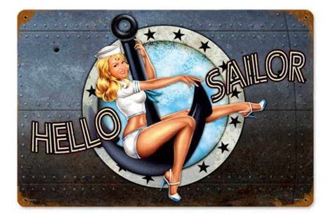 Retro Hello Sailor Pin Up Girl Metal Sign 18 X 12 Inches