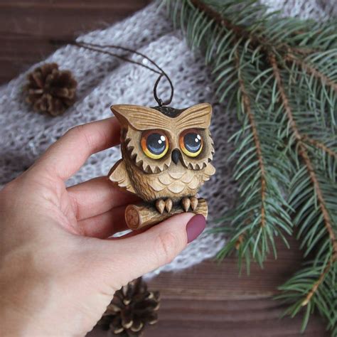 Carved Wood Owl Ornaments Christmas Wooden Bird Ornaments Etsy Owl