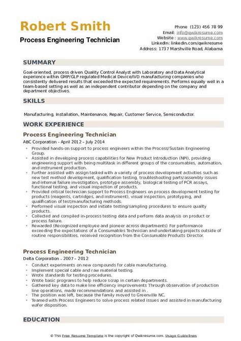 Engineering technician resume + guide with resume examples to land your next job in 2020. Process Engineering Technician Resume Samples | QwikResume