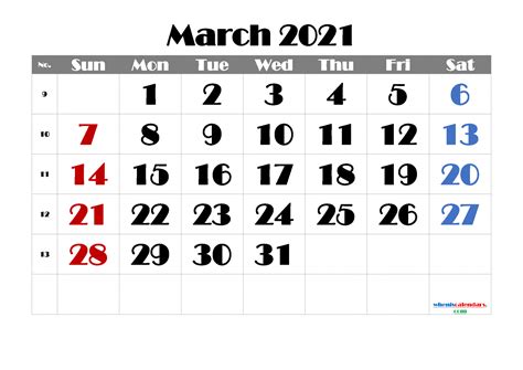 Printable Calendar March 2021 Free 6 Templates