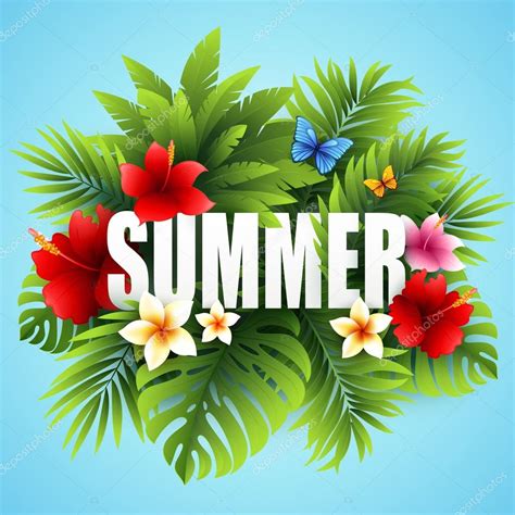 summer tropical background of palm leaves and tropical flowers tropical palm leaves tropical