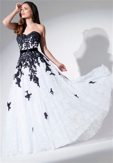 A Line Strapless Sweetheart White And Black Lace Applique Long Evening