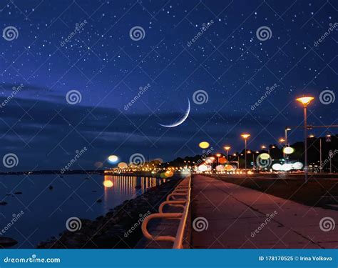 Moon On Starry Sky In Harbor Blurred City Light At Night Pink Sunset