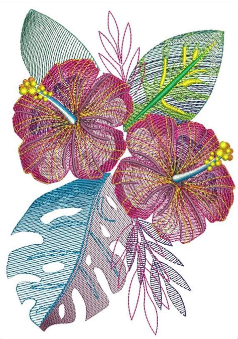 Machine embroidery design Hibiscus flowers with leaves in the | Etsy in ...