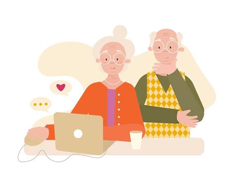 Happy Grandma And Grandpa Are Sitting Near The Laptop On Light