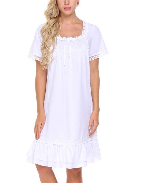 Skylin Womens Cotton Victorian Nightgowns Romantic Short Sleeve Night Dress White Large