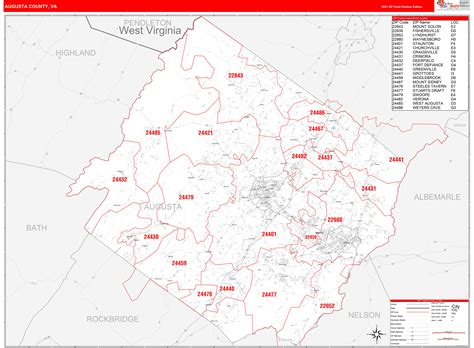 Augusta County, VA Zip Code Wall Map Red Line Style by MarketMAPS